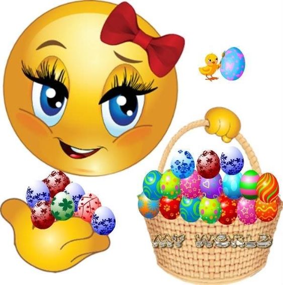 A smiley face with bow tie and a basket of eggs.