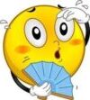 A yellow face holding an open fan with one hand and another hand on its cheek.