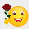 Smiling yellow emoji offering a red rose