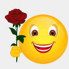 Smiling yellow emoji offering a red rose