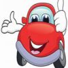 A red car with a face and arms in the air.