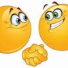 Two yellow balls with faces and one is holding a hand