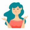 A woman with long blue hair is shrugging.