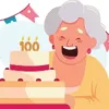 Elderly woman smiling joyfully behind a birthday cake with '100' candles.