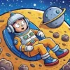 Astronaut relaxing inside an asteroid with planets and stars in the background.