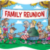 Cartoon family reunion picnic under banner