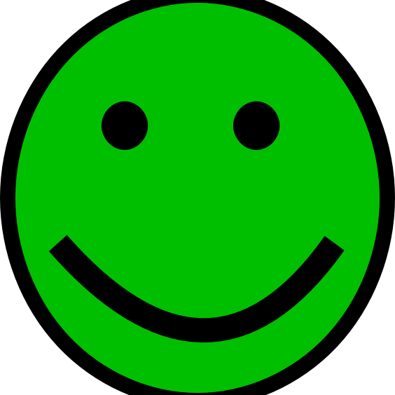 A green smiley face with black eyes and nose.