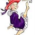 A cartoon of a woman in purple dress and red hat.