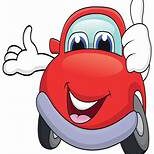 A red car with a face and arms in the air.