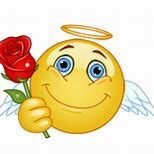 A smiley face with an angel 's halo holding a rose.