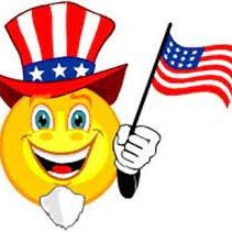 A smiley face wearing an american hat and holding a flag.