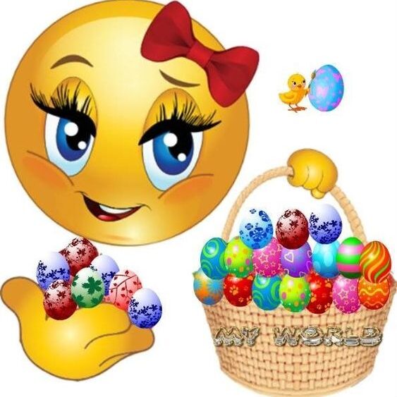 A smiley face with bow tie and a basket of eggs.