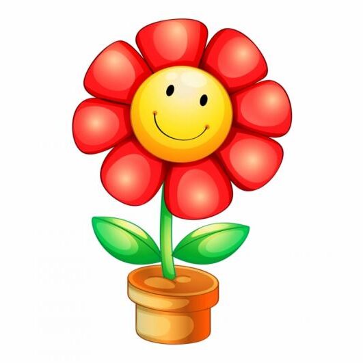 A red flower with a smiley face on it.