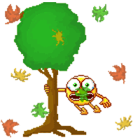 A tree with leaves around it and a cartoon face hanging from the branches.