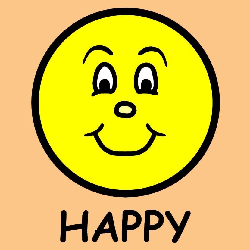 A yellow smiley face with the word happy below it.