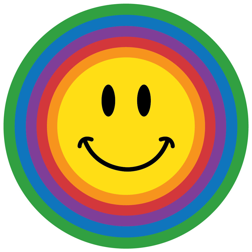 A smiley face with rainbow colors in the background.