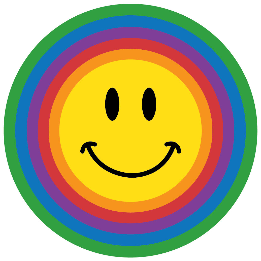 a yellow smiley face inside a round rainbow
