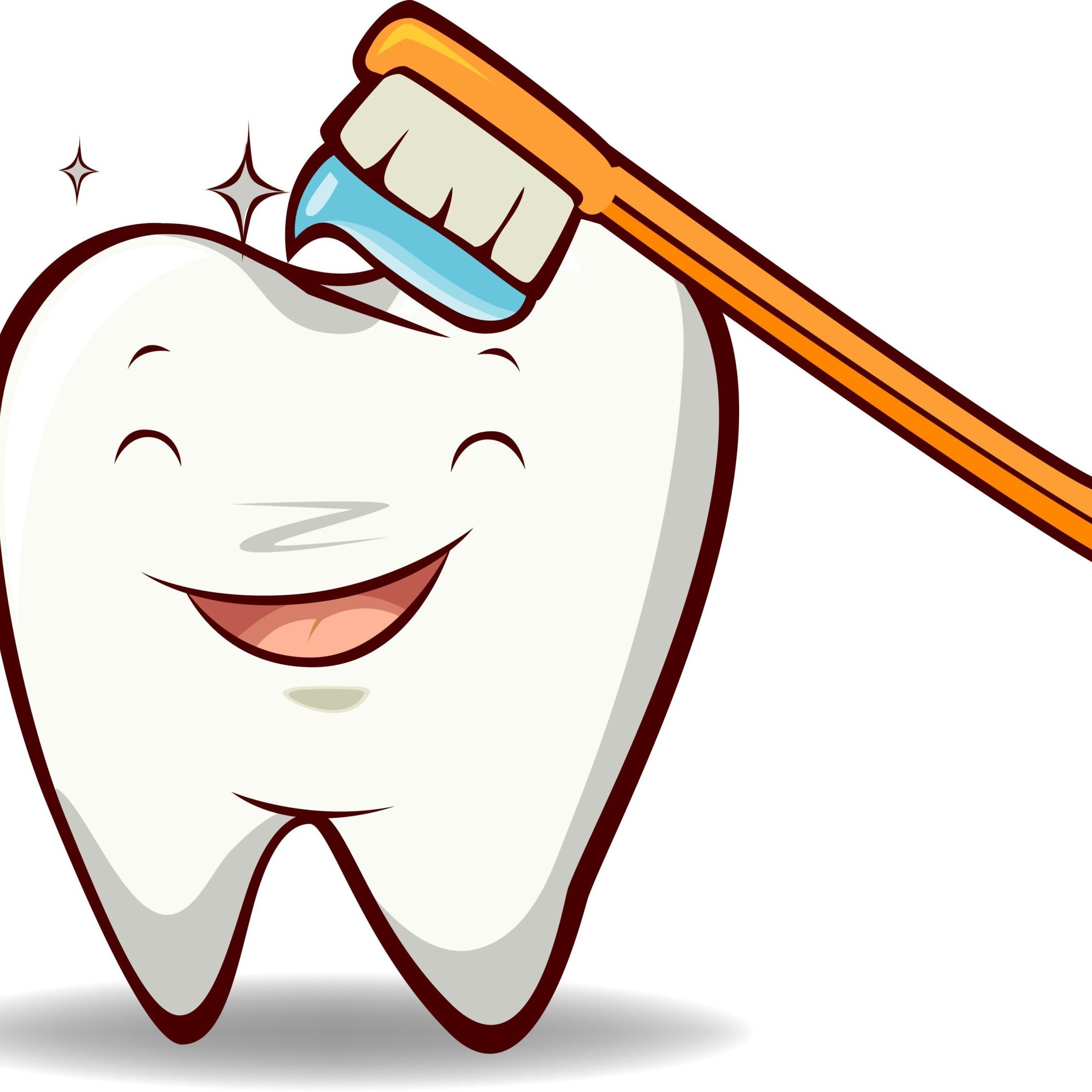 A cartoon of a tooth with a toothbrush in it's mouth.