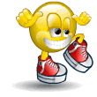 A smiley face with red shoes on and one foot in the air.