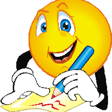 A smiley face is writing on paper with a pencil.